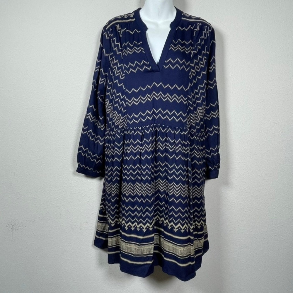 Holding Horses Shift Dress Womens L Navy Blue Coastal Rayon Long Sleeve Boho